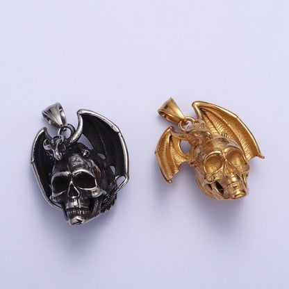 Winged Dragon on Skull Skeleton Stainless Steel Pendant in Gold &amp; Silver | X-667 X-668