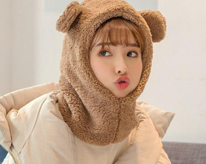 Winter Cute Bear Ears Warm Hat Windproof Neck Scarf Cap Student Women Plus Cashmere Cap Unisex Keep Warm Sports Beanies Knitted Headgear Face Hooded Cowl Neckerchief with Drawstring Soft Balaclava Pullover Knitted Beanie