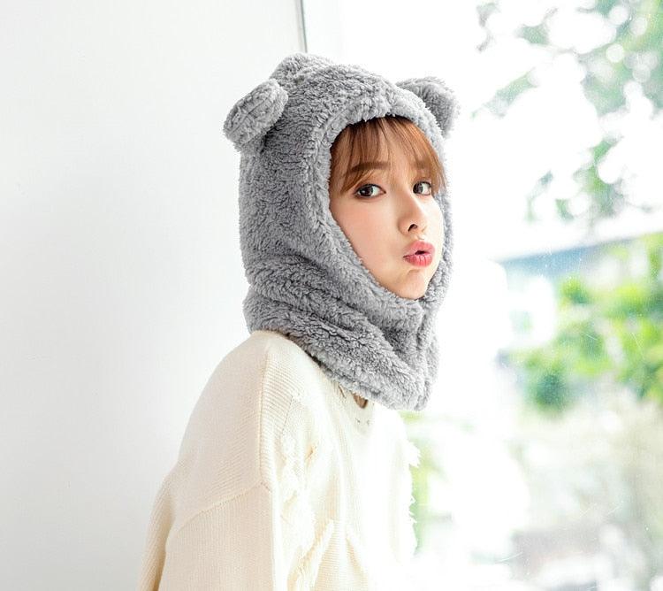 Winter Cute Bear Ears Warm Hat Windproof Neck Scarf Cap Student Women Plus Cashmere Cap Unisex Keep Warm Sports Beanies Knitted Headgear Face Hooded Cowl Neckerchief with Drawstring Soft Balaclava Pullover Knitted Beanie