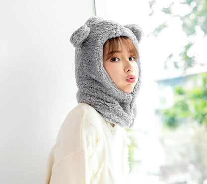 Winter Cute Bear Ears Warm Hat Windproof Neck Scarf Cap Student Women Plus Cashmere Cap Unisex Keep Warm Sports Beanies Knitted Headgear Face Hooded Cowl Neckerchief with Drawstring Soft Balaclava Pullover Knitted Beanie