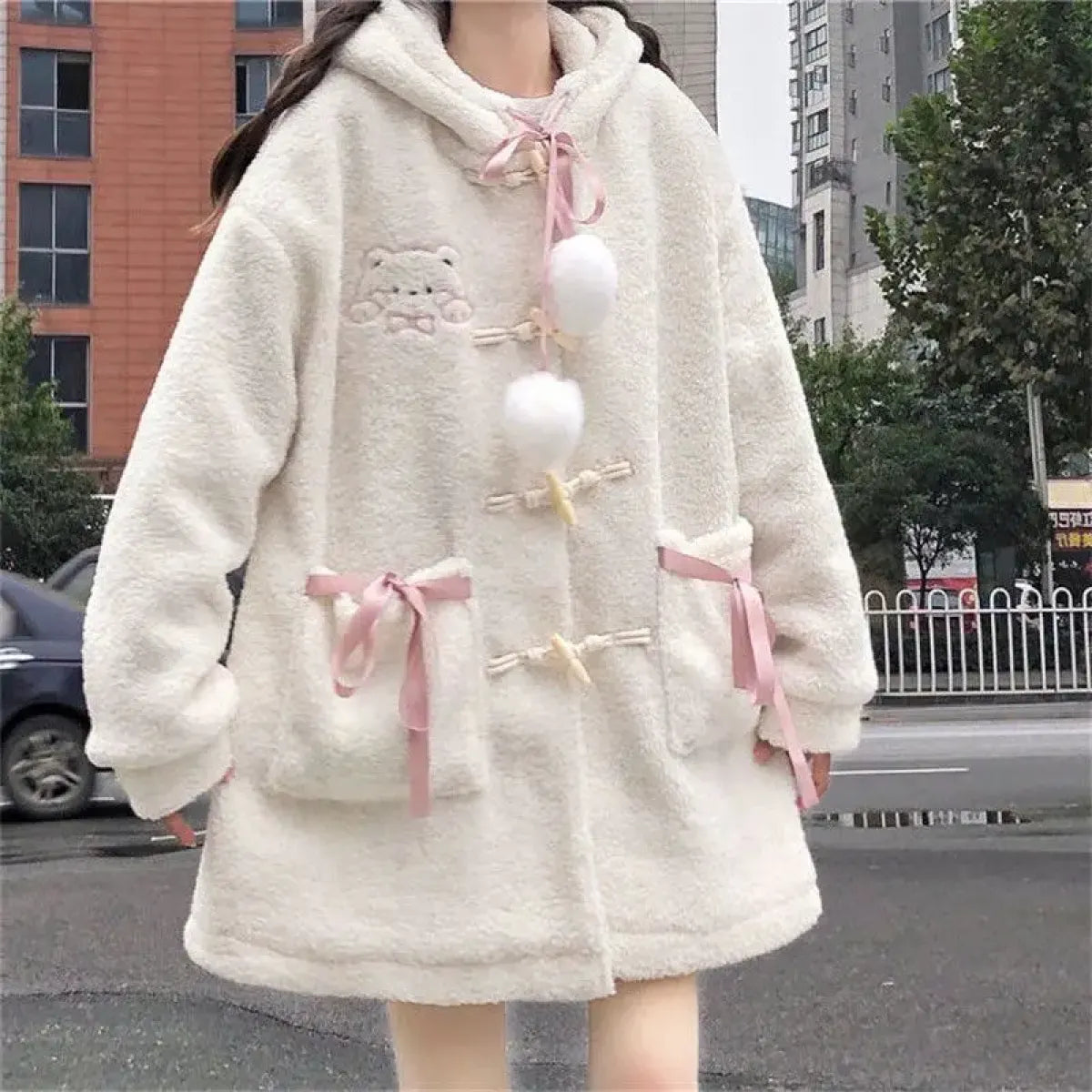 Winter Teddy Coat Women’s Oversized Hooded Jacket with Bows and Pockets
