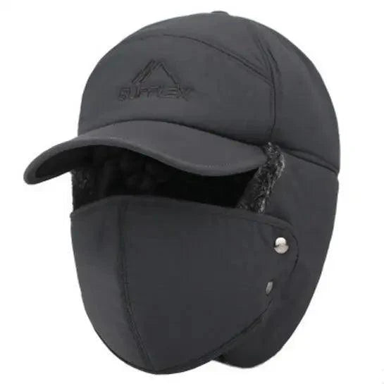 Winter Thermal Black Hat Fashion Ear Protection Face Windproof Adjustable Ski Cap Thicken Outdoor Hat