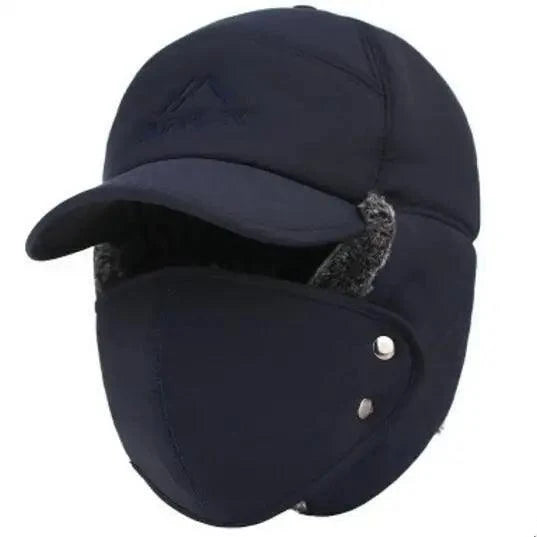 Winter Thermal Black Hat Fashion Ear Protection Face Windproof Adjustable Ski Cap Thicken Outdoor Hat