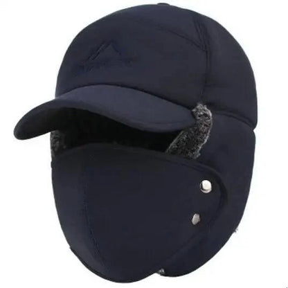 Winter Thermal Black Hat Fashion Ear Protection Face Windproof Adjustable Ski Cap Thicken Outdoor Hat