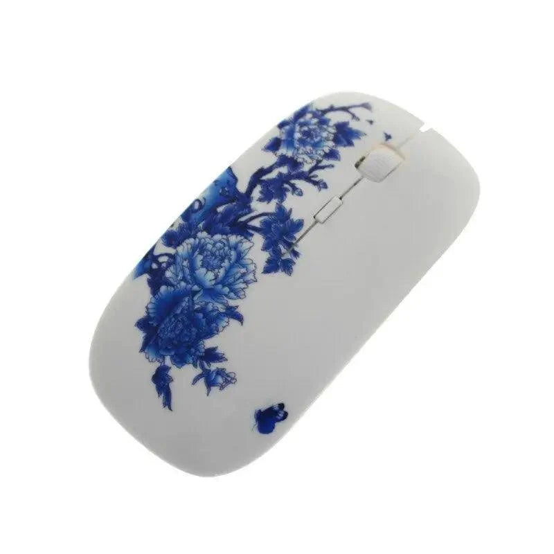 Wireless Blue White Flower Pattern Mouse Optical Mice 1600 DPI Wireless Mouse Portable Mobile Office USB Mouse