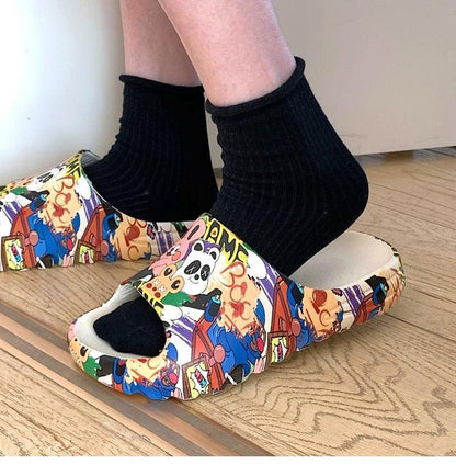 Women Men Summer Slippers Beach Slides Sandals Cartoon Flip Flops Thick Soled Boys Girls Couples Bathroom Shoes Non-Slip Quick Drying Soft Massage Slides Comfortable Lightweight Open Toe Pool Spa Sandals