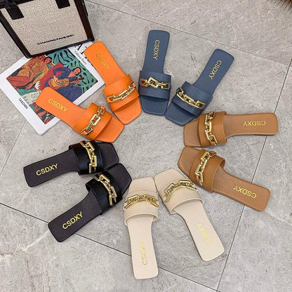 Women Sandals Design Gold Chain Closed Toe Slip On Mules Shoes Flat Heels Square Head Casual Slides Summer Slippers Open Toe Flat Sandals Metal Chain PU Leather Slides Shoes