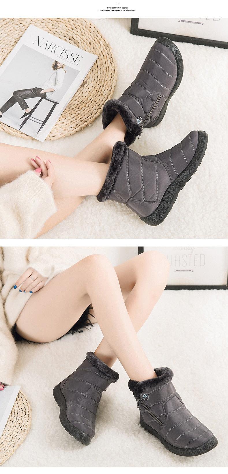 Women Snow Boots Warm Short Fur Plush Winter Ankle Boots Zip Comfort Warm Shoes Anti-Slip Fur Lined Ankle Short Boots Waterproof Slip On Outdoor Lightweight Shoes