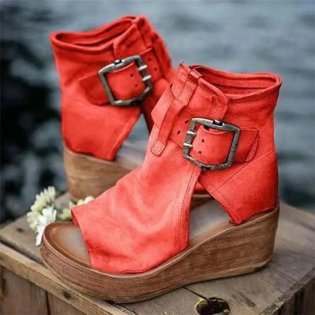 Womens Red Sandals Summer Retro Peep Toe Elegant Comfortable Leather Design For Women