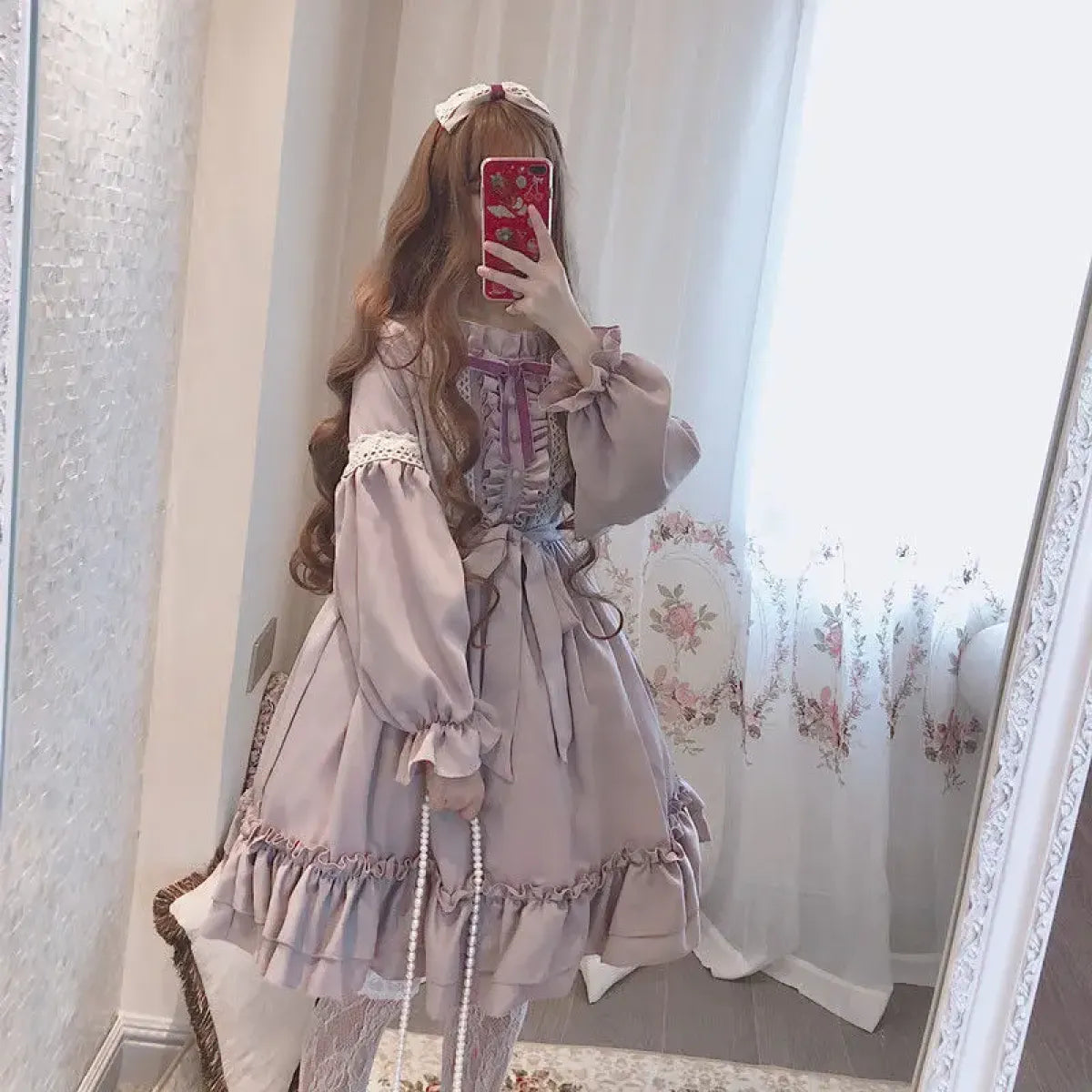 Alice in Wonderland Lolita Dress – Harajuku Fairycore Long Sleeve OP with Lace Trim