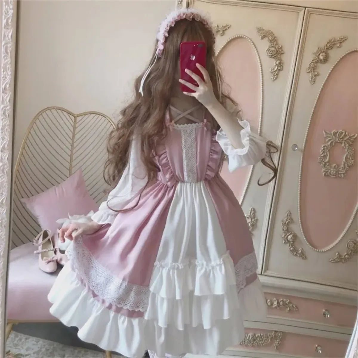 Alice in Wonderland Lolita Dress – Harajuku Fairycore Long Sleeve OP with Lace Trim