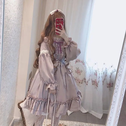 Alice in Wonderland Lolita Dress – Harajuku Fairycore Long Sleeve OP with Lace Trim