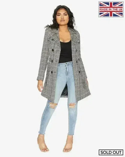 Wool Blend Check Double Breasted Military Coat