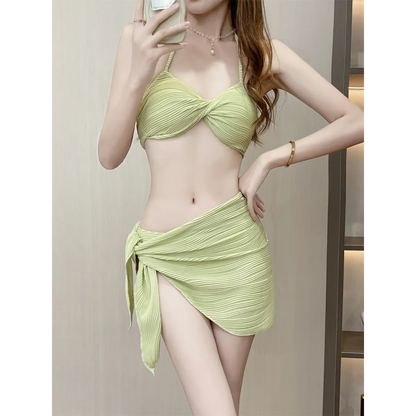 Pleated Bikini Set – Halter Top with Wrap Skirt Cover-Up