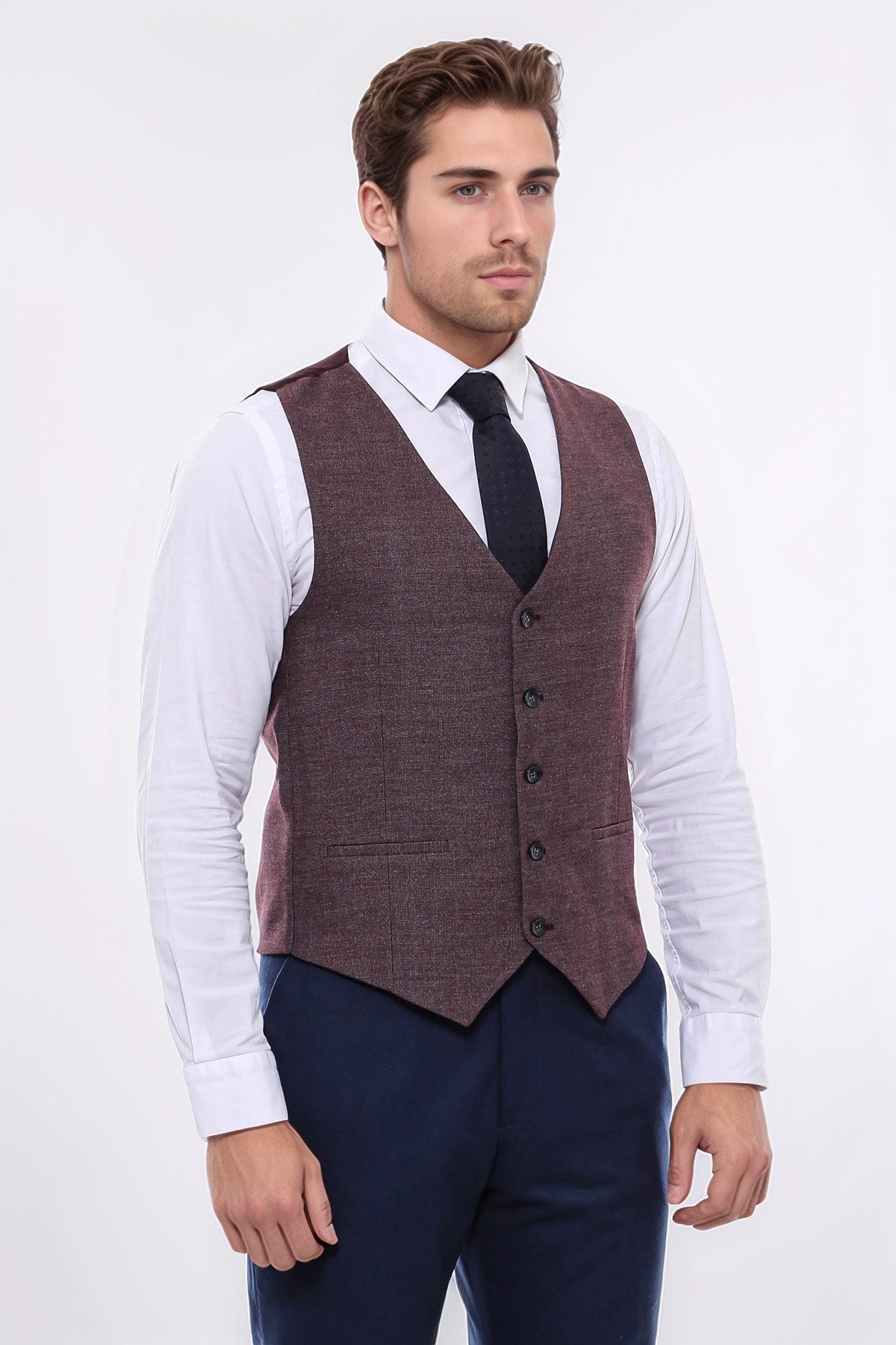 Patterned Dark Brown V Neck Vest - Wessi