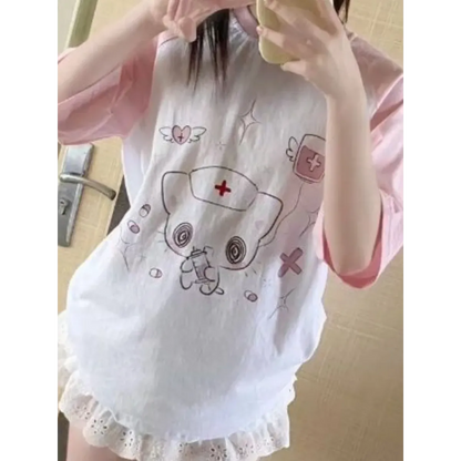 Kawaii Cartoon Patchwork T-Shirt – Harajuku Y2K Aesthetic Top