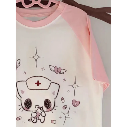 Kawaii Cartoon Patchwork T-Shirt – Harajuku Y2K Aesthetic Top
