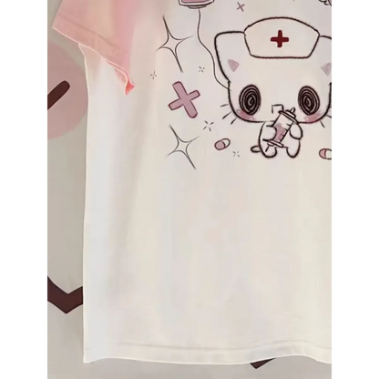Kawaii Cartoon Patchwork T-Shirt – Harajuku Y2K Aesthetic Top