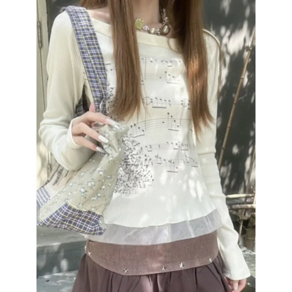 Y2K Aesthetic Long Sleeve Crop Top – Lace Grunge Print T-Shirt