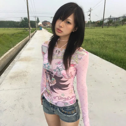 Y2K Anime Print Mesh Top – Pink Sheer Harajuku Kawaii T-Shirt