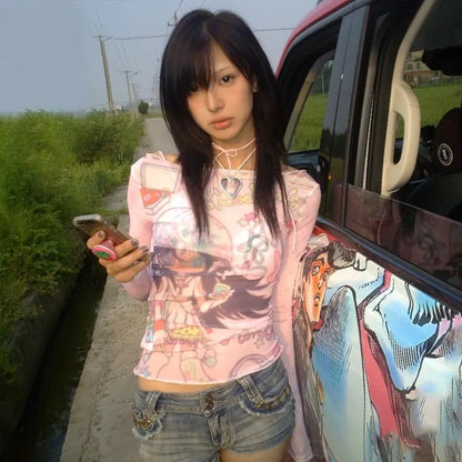 Y2K Anime Print Mesh Top – Pink Sheer Harajuku Kawaii T-Shirt