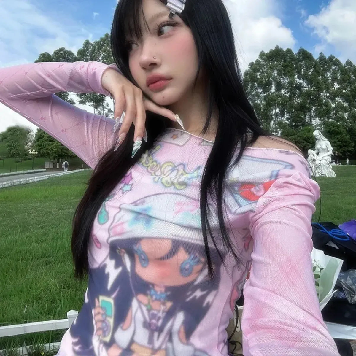 Y2K Anime Print Mesh Top – Pink Sheer Harajuku Kawaii T-Shirt