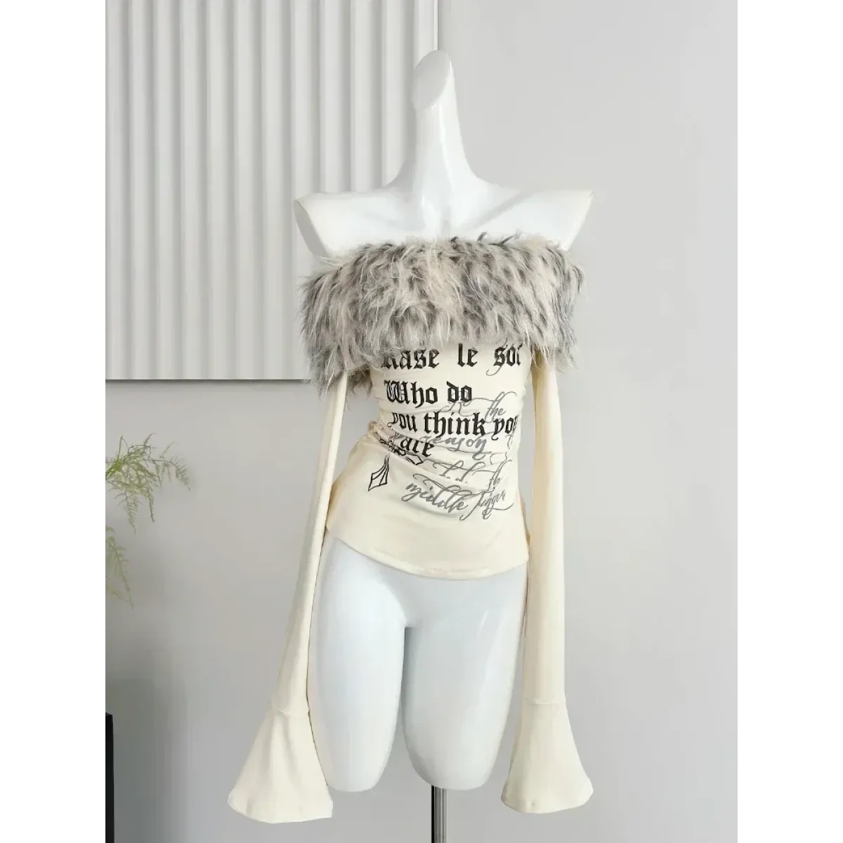 Y2K Coquette Off-Shoulder Top – Faux Fur Trim Long Sleeve
