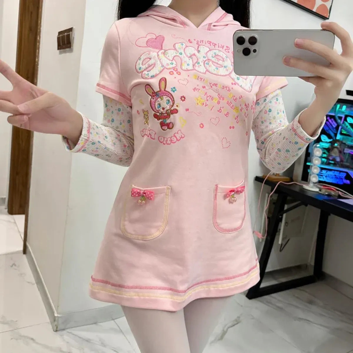 Kawaii Hoodie Dress – Y2K Fairycore Cartoon Print