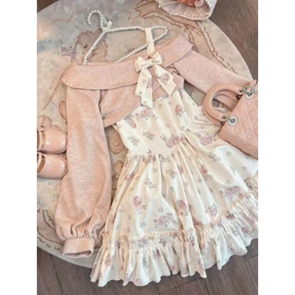 Y2K Sweet Bow Corduroy Top &amp; Floral Dress Set – Gentle Slim Fit