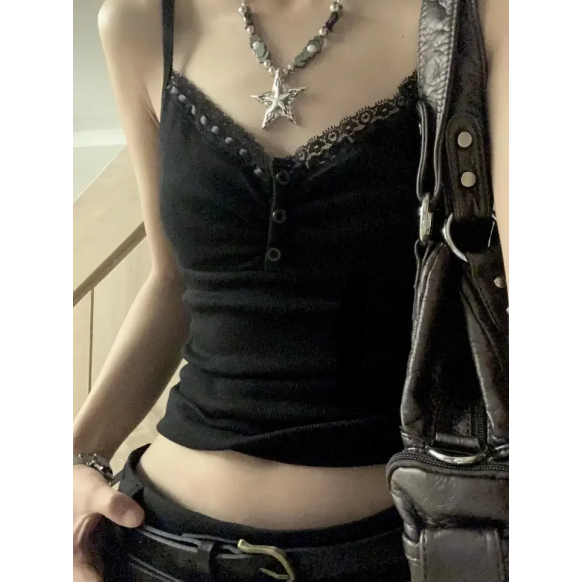 Black Lace Trim Tank Top – Y2K Gothic Coquette Punk Grunge Crop Top