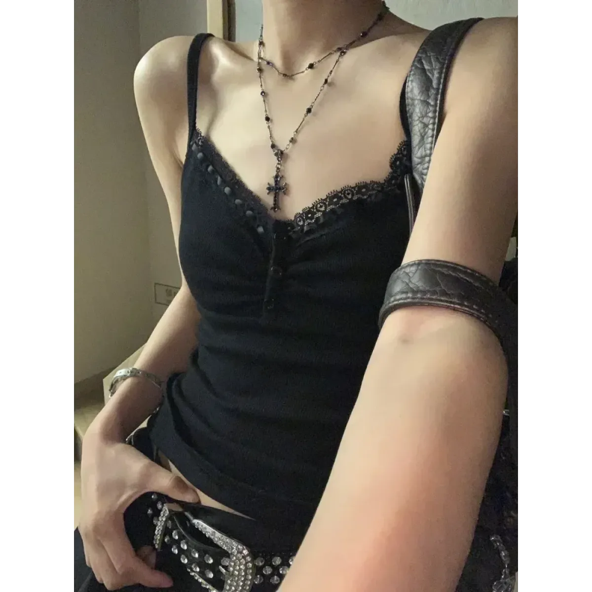 Black Lace Trim Tank Top – Y2K Gothic Coquette Punk Grunge Crop Top