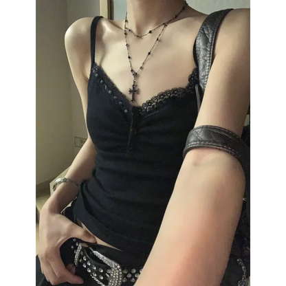 Black Lace Trim Tank Top – Y2K Gothic Coquette Punk Grunge Crop Top