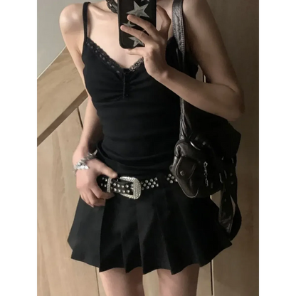Black Lace Trim Tank Top – Y2K Gothic Coquette Punk Grunge Crop Top