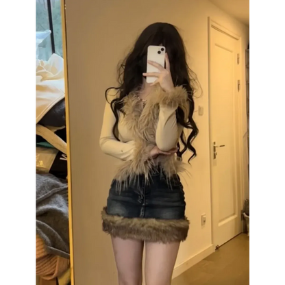 Faux Fur Trim Cardigan – Y2K Gothic Punk Knit Top