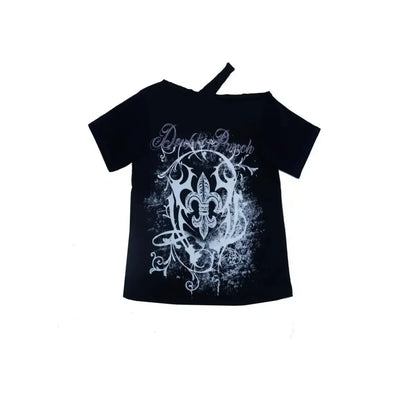 Black Gothic Print T-Shirt – Off-Shoulder Y2K Grunge Tee