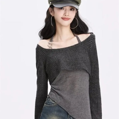 Gray Off-Shoulder Knitted Halter Top – Y2K Gyaru Asymmetric Crop Tee