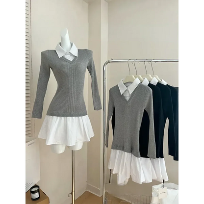 Preppy Knitted Mini Dress – Y2K Gyaru Fake Two-Piece