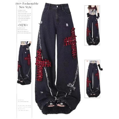 Gothic Patchwork Baggy Jeans – Y2K Harajuku Grunge