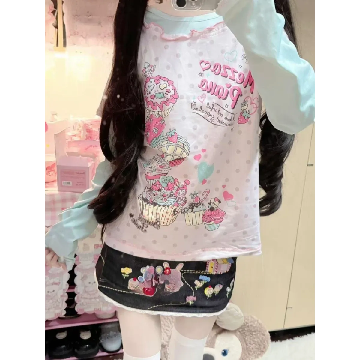 Kawaii Cupcake Print Top – Y2K Harajuku Long Sleeve Shirt