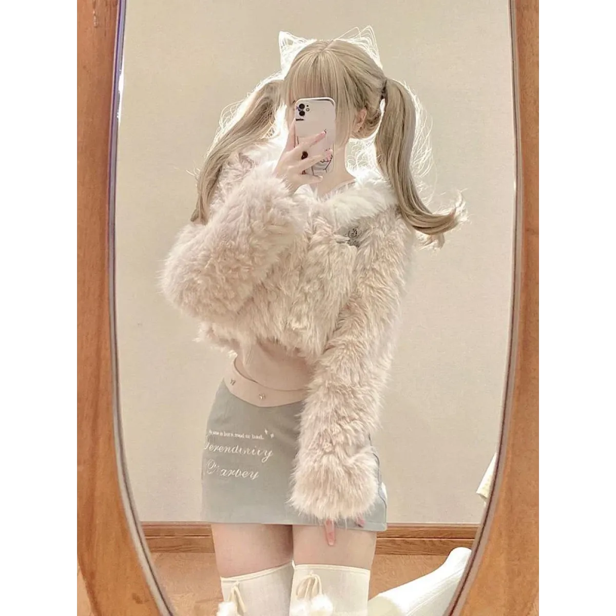 Kawaii Faux Fur Coat &amp; Mini Skirt Set – Y2K Harajuku Outfit