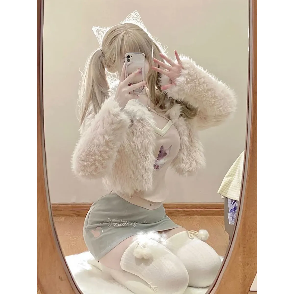 Kawaii Faux Fur Coat &amp; Mini Skirt Set – Y2K Harajuku Outfit