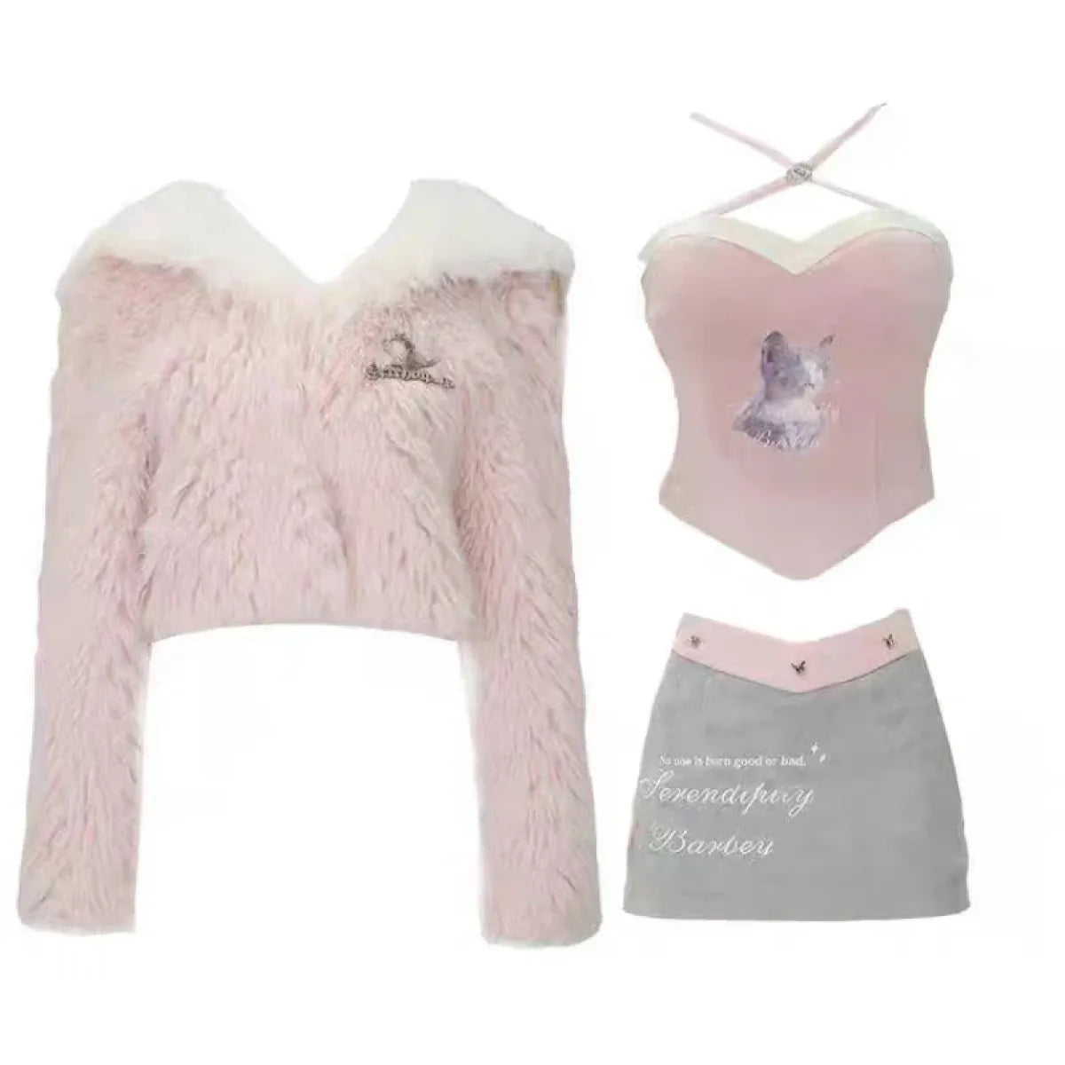 Kawaii Faux Fur Coat &amp; Mini Skirt Set – Y2K Harajuku Outfit