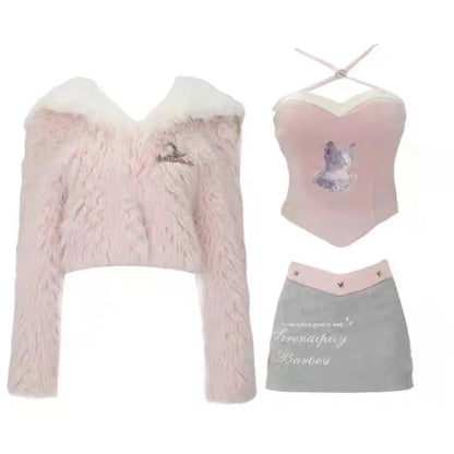 Kawaii Faux Fur Coat &amp; Mini Skirt Set – Y2K Harajuku Outfit
