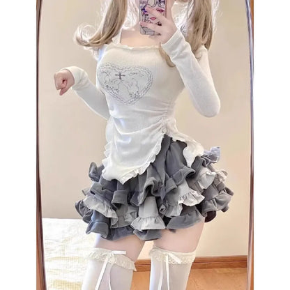 Y2K Kawaii Harajuku Two-Piece Set – Ruffle Skirt &amp; Long Sleeve Top