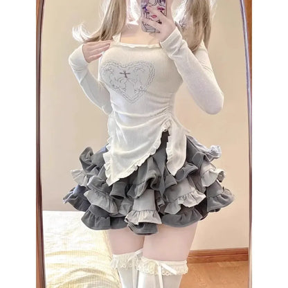 Y2K Kawaii Harajuku Two-Piece Set – Ruffle Skirt &amp; Long Sleeve Top