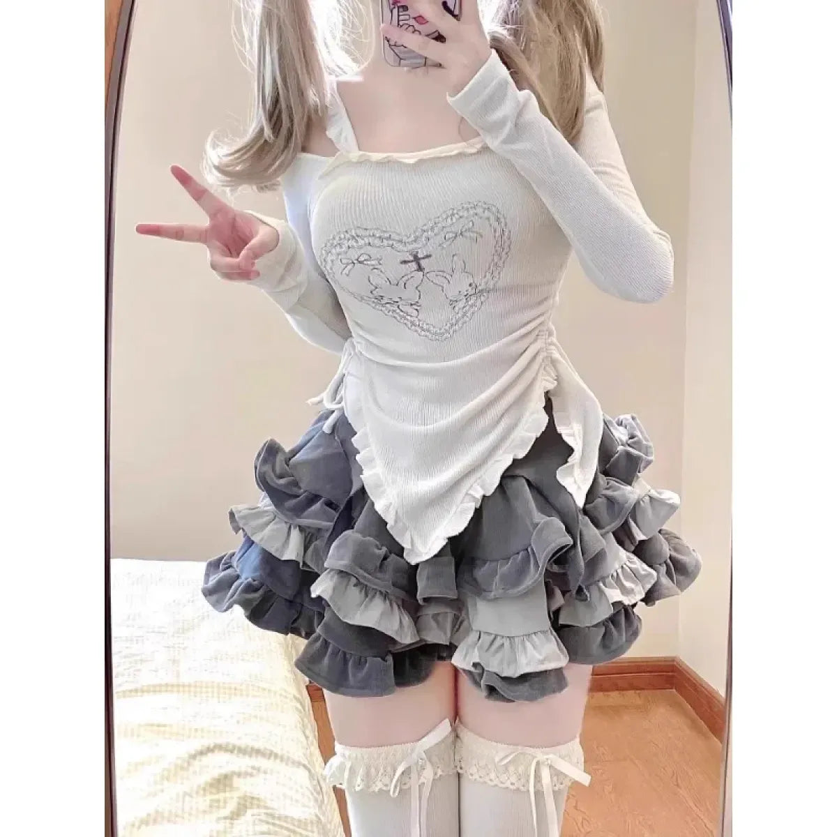 Y2K Kawaii Harajuku Two-Piece Set – Ruffle Skirt &amp; Long Sleeve Top