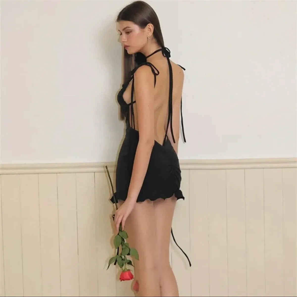 Y2K Lace-Up Open Back Mini Dress - Sexy Slim Fit Skirt