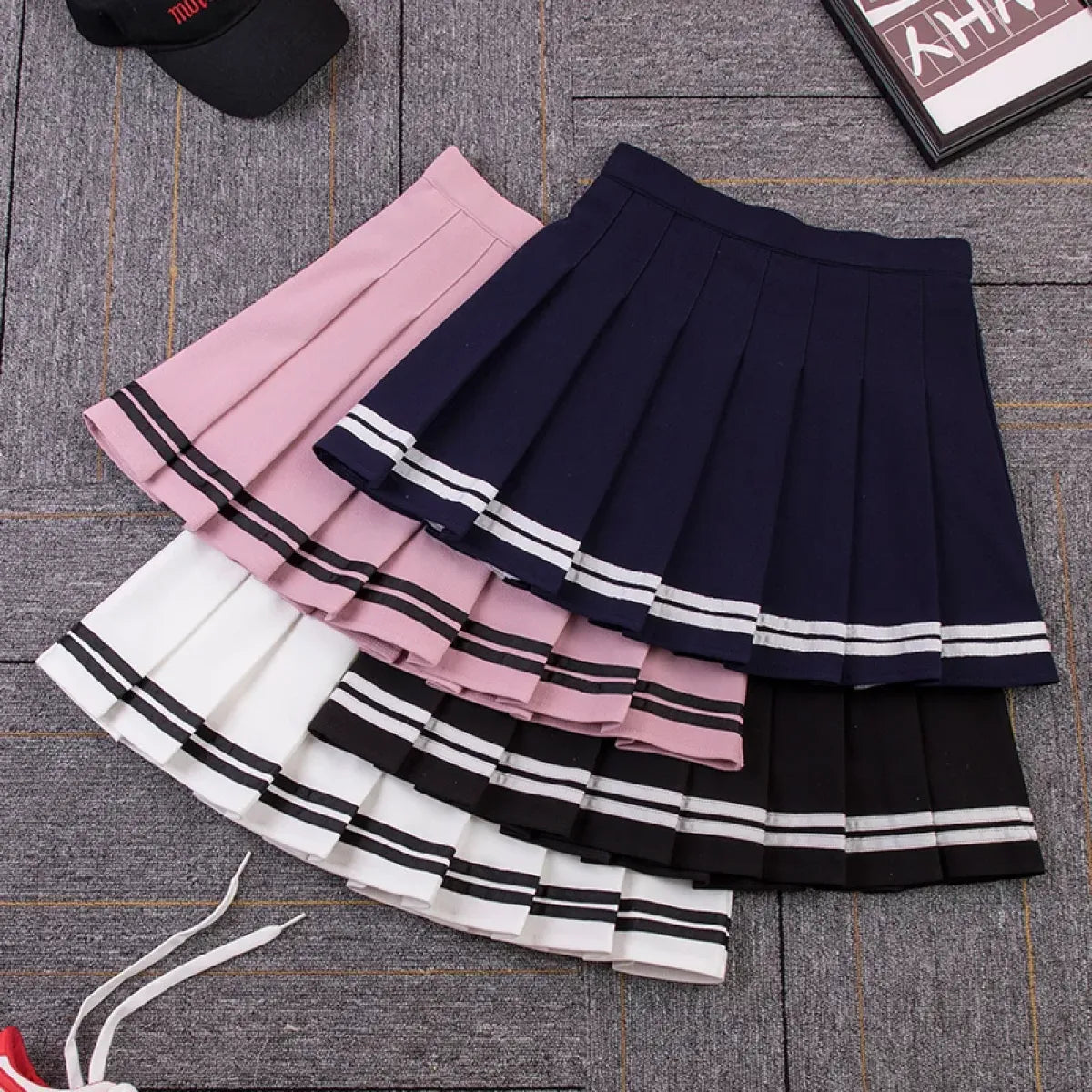 Y2K High Waist Pleated Mini Skirt – Kawaii Preppy Striped Style