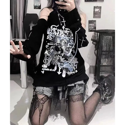 Off-Shoulder Gothic Harajuku Shirt – Y2K Punk Aesthetic