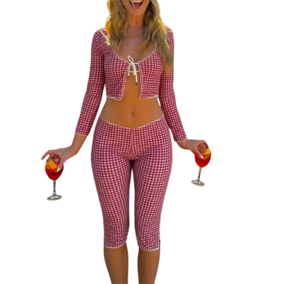 Red Gingham Two-Piece Set – Tie-Front Crop Top &amp; Low-Waist Capris